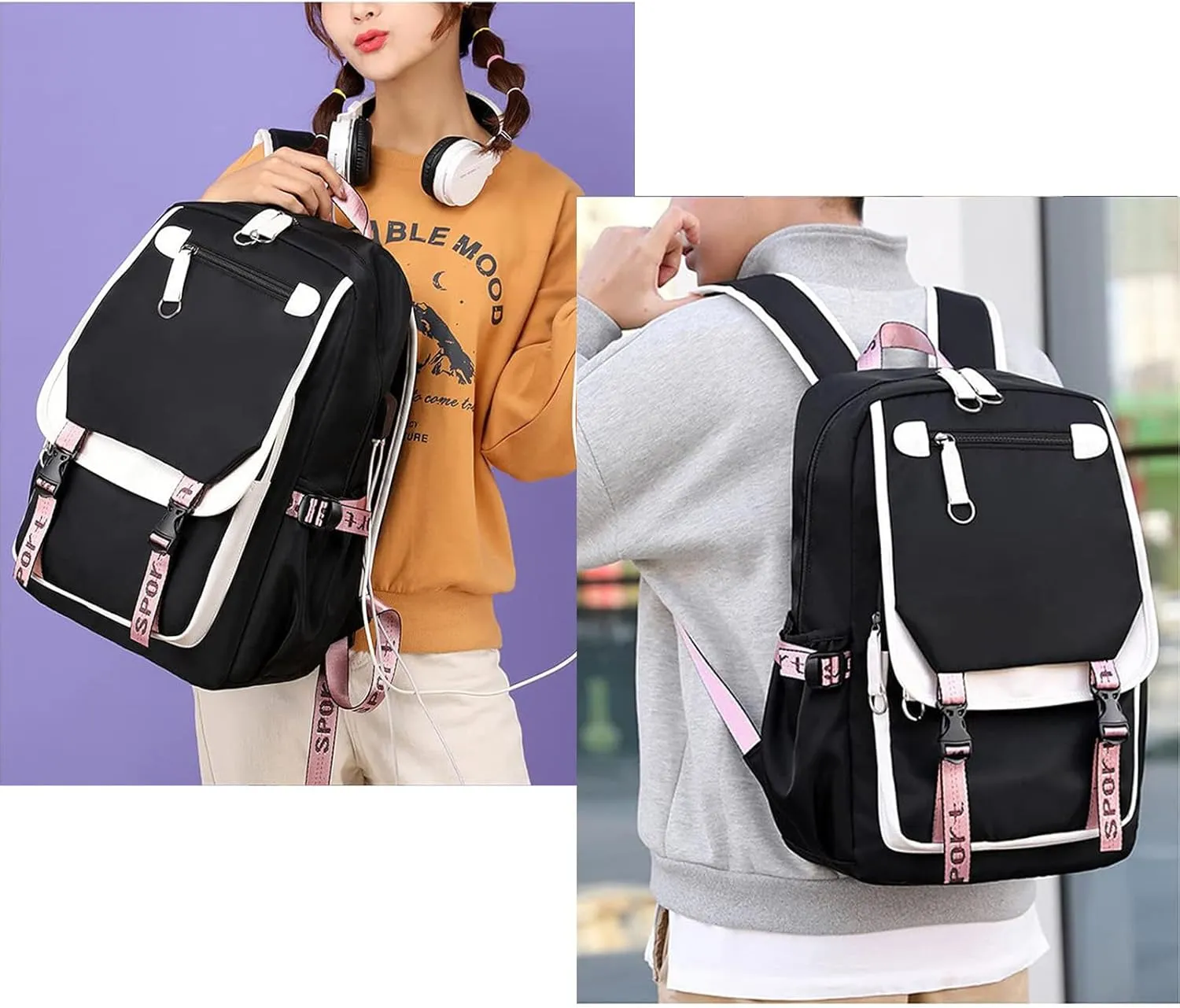 15.6 Inch Laptop Backpack for Men and Women Business Casual Travel Hiking Daypacks Fashion Waterproof Backpack (Black White)