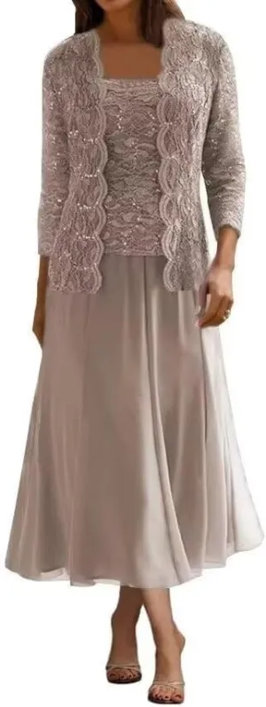 2 Pcs Mother of The Bride Dresses for Wedding Lace Sequins Tea Length Formal Evening Dress with Jackets