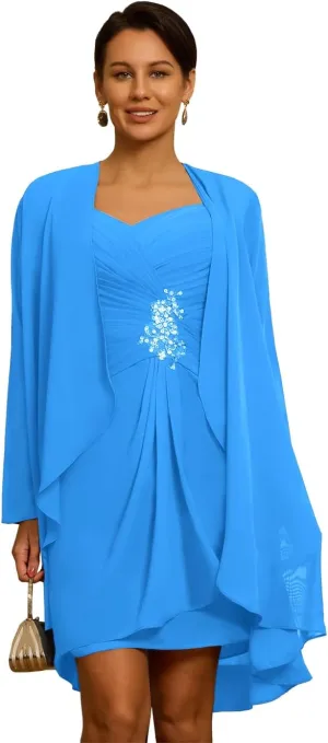 2 Piece Chiffon Mother of The Bride Dresses with Jackets Laces Applique Sequin Mother of The Groom Dresses
