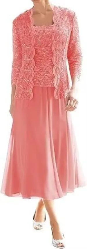 2 Piece Mother of The Bride Dresses with Jacket Lace Chiffon Tea Length 3/4 Sleeve Formal Dress for Women Wedding Guest