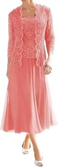 2 Piece Mother of The Bride Dresses with Jacket Lace Chiffon Tea Length 3/4 Sleeve Formal Dress for Women Wedding Guest