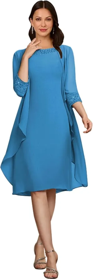 2 Piece Mother of The Bride Dresses with Jackets 3/4 Sleeve Formal Evening Gown Chiffon Beaded Wedding Guest Dresses