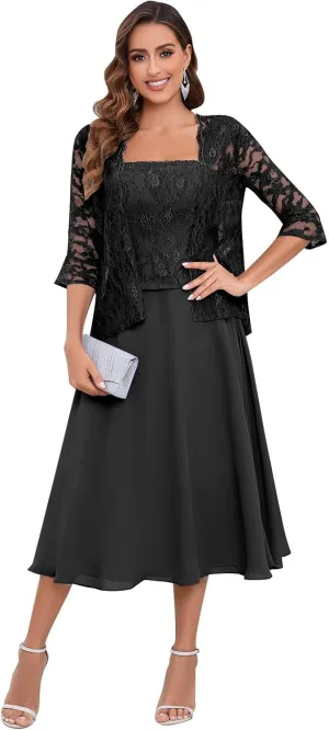 2 Pieces Lace Mother of The Bride Dresses for Wedding Tea Length Chiffon Formal Party Gown with Jacket