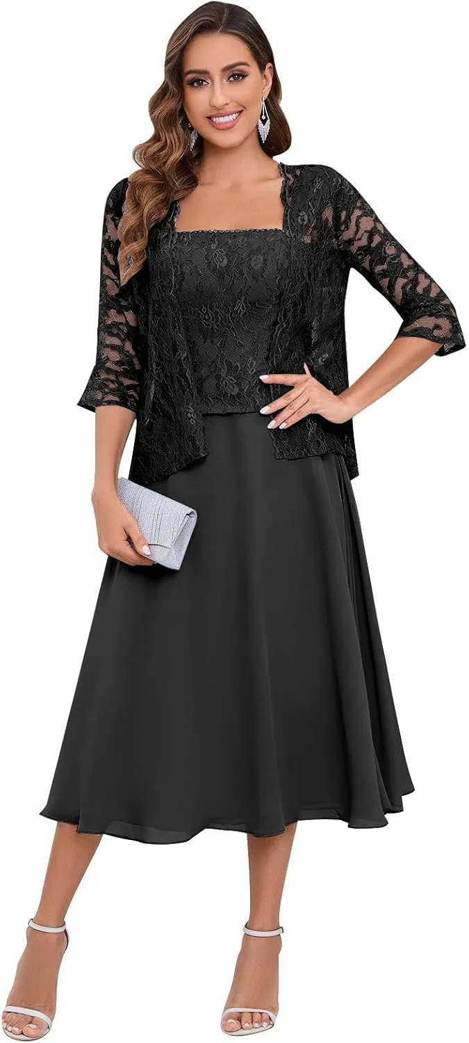 2 Pieces Lace Mother of The Bride Dresses for Wedding Tea Length Chiffon Formal Party Gown with Jacket
