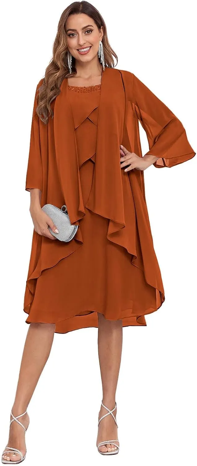 2 Pieces Mother of The Bride Dress for Wedding Knee Length Ruffles A-Line Chiffon Formal Gown with Jacket