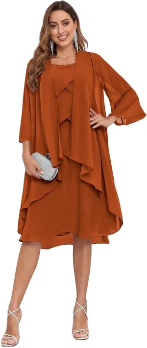 2 Pieces Mother of The Bride Dress for Wedding Knee Length Ruffles A-Line Chiffon Formal Gown with Jacket