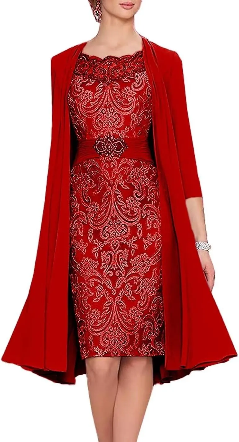 2 Pieces Mother of The Bride Dresses with Jacket Laces Appliques Mother of The Groom Dresses for Wedding Tea Length