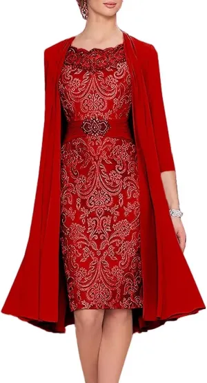 2 Pieces Mother of The Bride Dresses with Jacket Laces Appliques Mother of The Groom Dresses for Wedding Tea Length