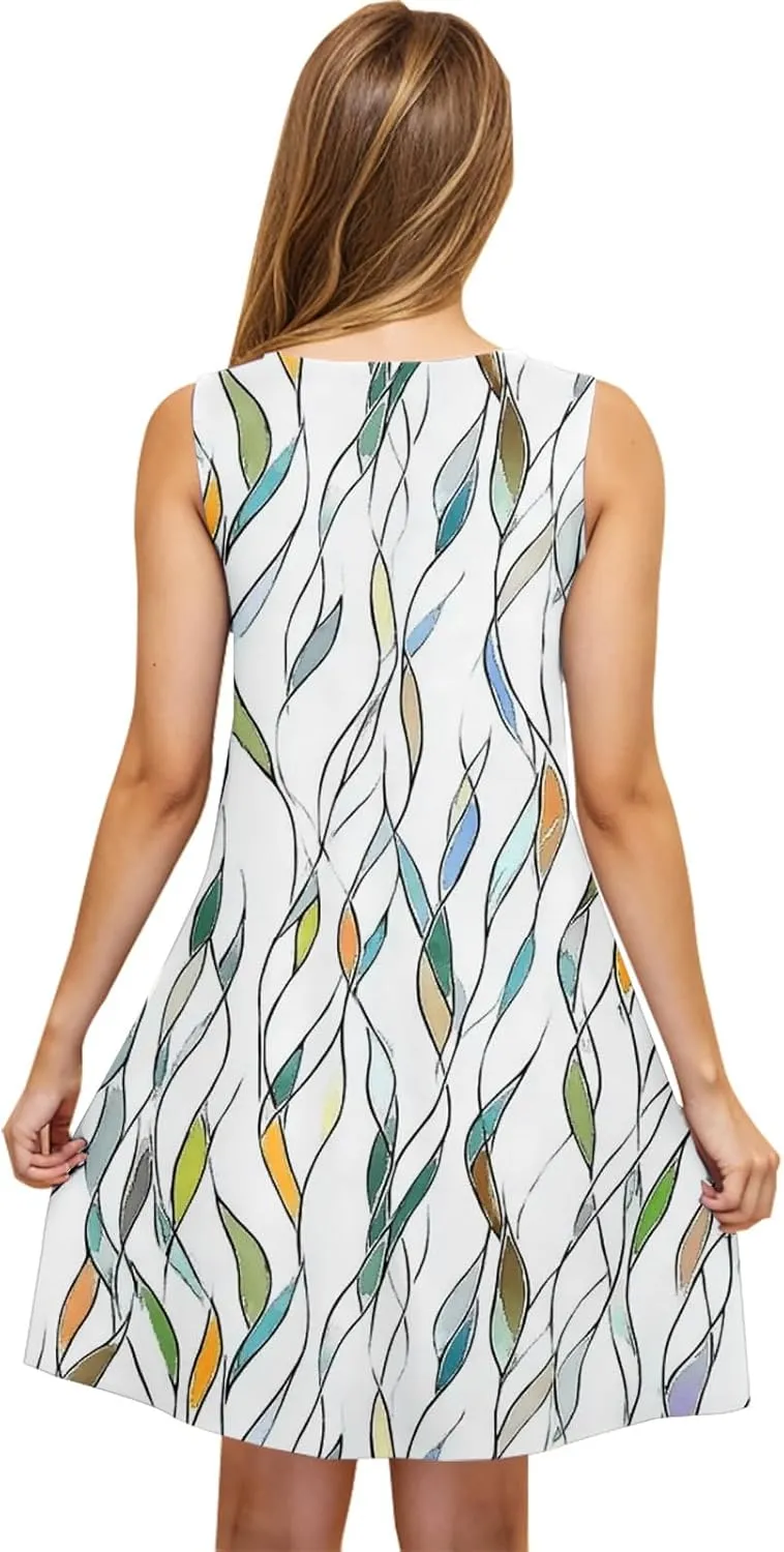 2025 Funny Print Swing Mini Dress for Women Beach Sleeveless Tank Sundresses Summer Scoop Neck T Shirt Tunic Dresses