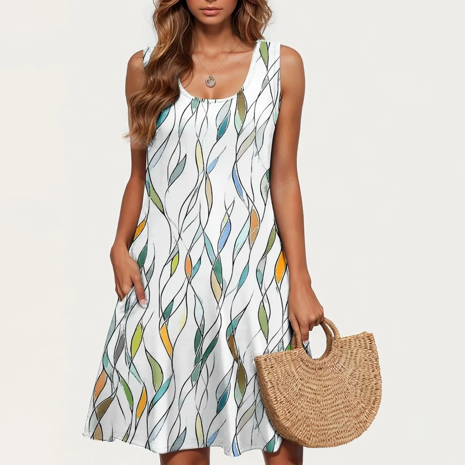 2025 Funny Print Swing Mini Dress for Women Beach Sleeveless Tank Sundresses Summer Scoop Neck T Shirt Tunic Dresses