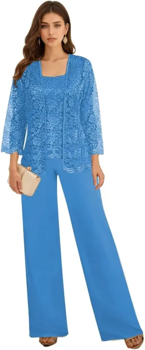 3 Pieces Mother of The Bride Pant Suits for Wedding Long Sleeve Chiffon Lace Formal Outfits for Women 2025 with Jackets