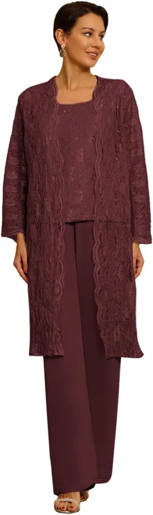 3 Pieces Mother of The Bride Pant Suits with Jackets for Wedding Laces Chiffon Sequin Wedding Guest Dresses for Women