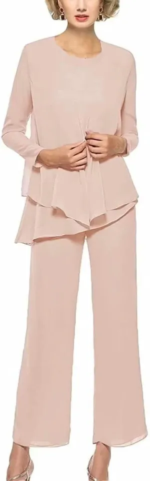 3 Pieces Pant Suits for Women Dressy Elegant Long Sleeve Chiffon Formal Jumpsuit for Women with Jacket