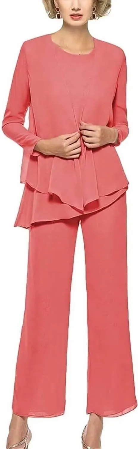 3 Pieces Pant Suits for Women Dressy Elegant Long Sleeve Chiffon Formal Jumpsuit for Women with Jacket