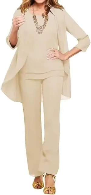 3 Pieces Pant Suits for Women Dressy Wedding Chiffon Mother of The Bride Pantsuits 3/4 Sleeves Formal Outfit Sets