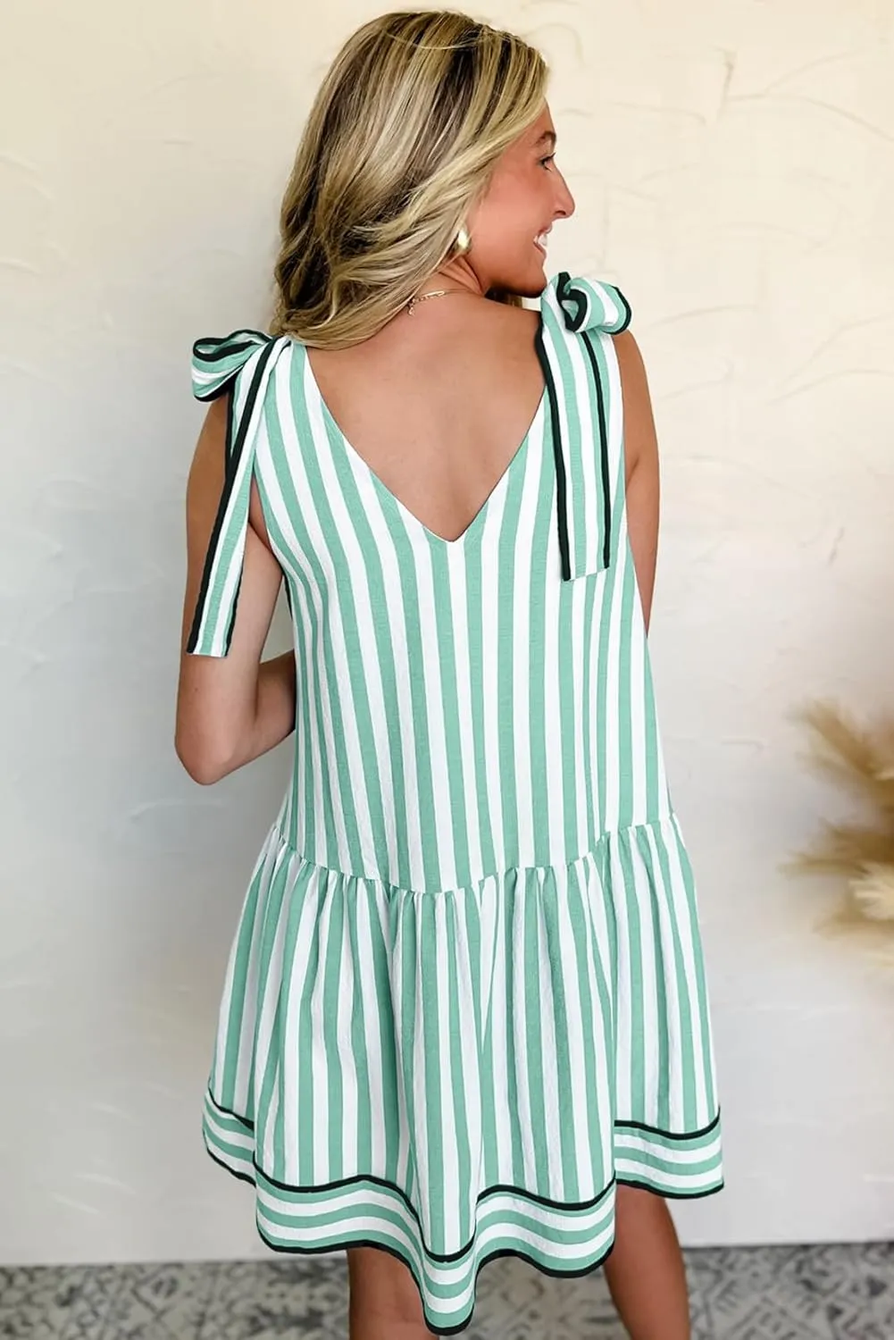 Acelitt Womens Summer Sleeveless Striped Dresses Casual Loose V Neck Flowy Ruffle Babydoll Dress Beach Vacation Sundress