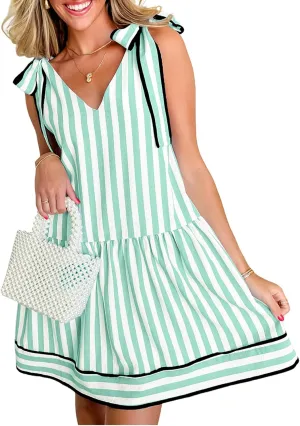 Acelitt Womens Summer Sleeveless Striped Dresses Casual Loose V Neck Flowy Ruffle Babydoll Dress Beach Vacation Sundress