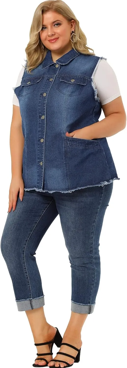 Agnes Orinda Denim Jackets for Women 2025 Plus Size Button Front Lapel Frayed Washed Sleeveless Long Jean Vest