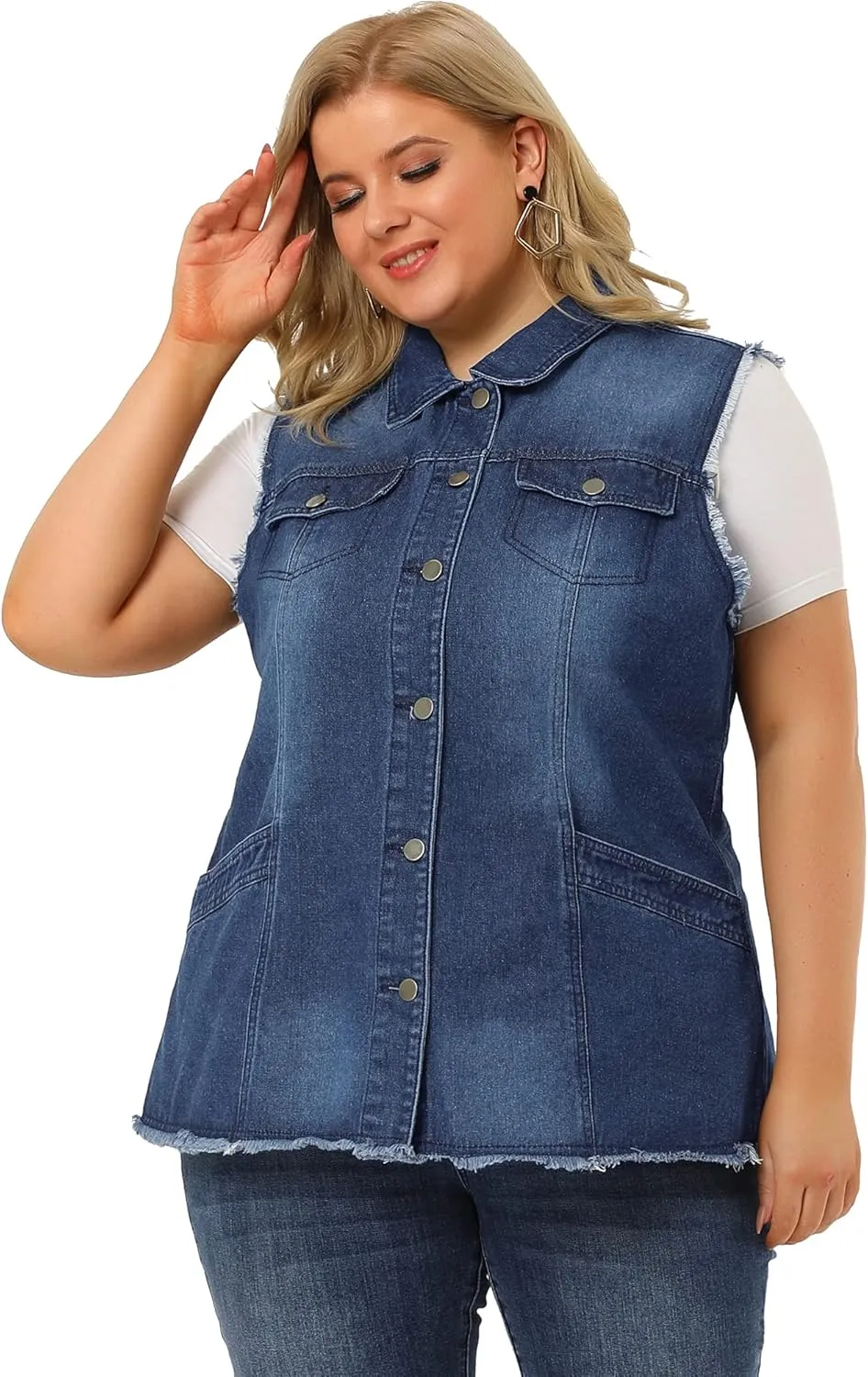 Agnes Orinda Denim Jackets for Women 2025 Plus Size Button Front Lapel Frayed Washed Sleeveless Long Jean Vest