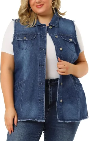Agnes Orinda Denim Jackets for Women 2025 Plus Size Button Front Lapel Frayed Washed Sleeveless Long Jean Vest