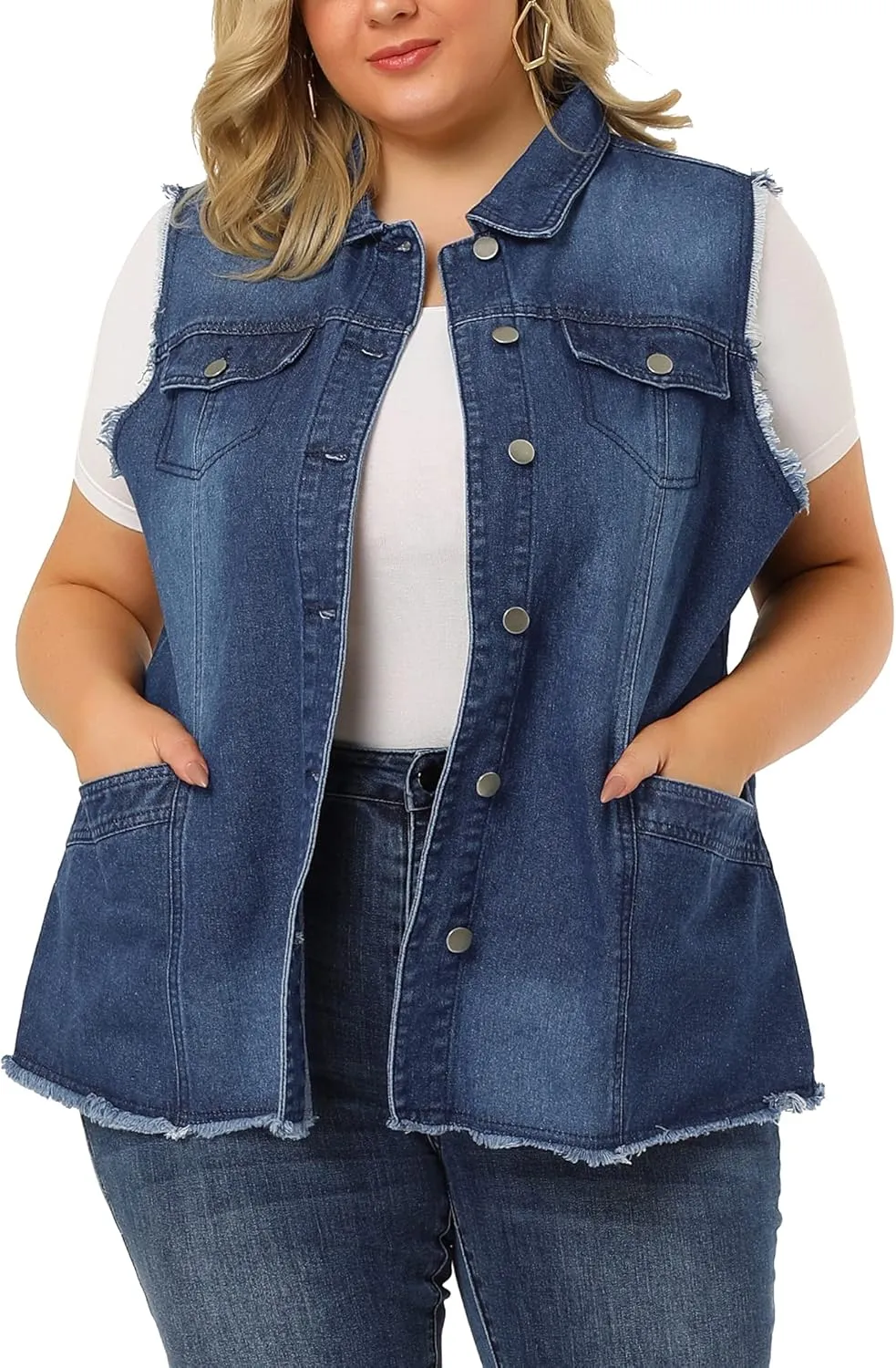 Agnes Orinda Denim Jackets for Women 2025 Plus Size Button Front Lapel Frayed Washed Sleeveless Long Jean Vest