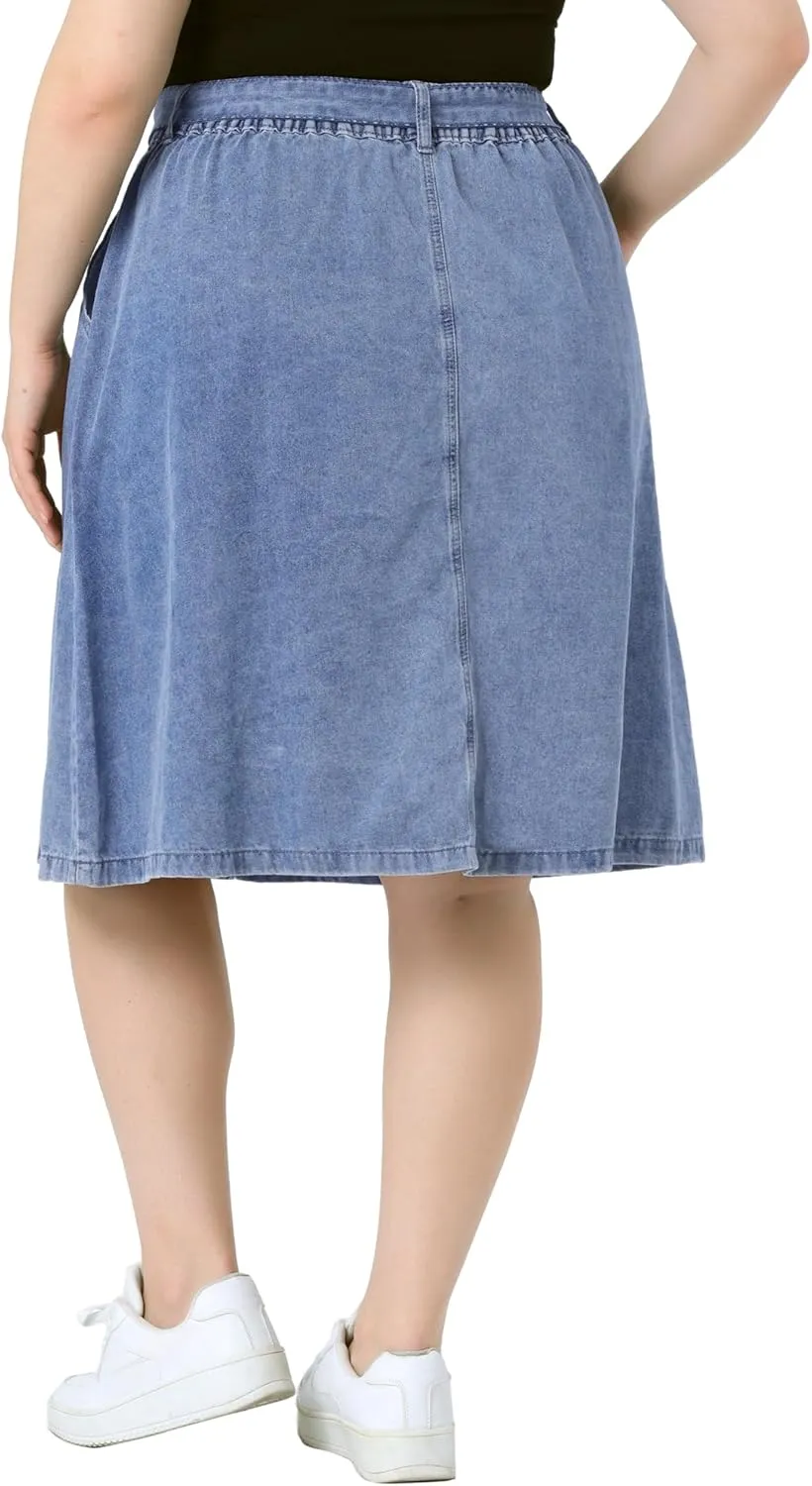 Agnes Orinda Plus Size Women's Denim Skirts Tie Waist A-Line with Pockets Midi Summer Jeans Skirts