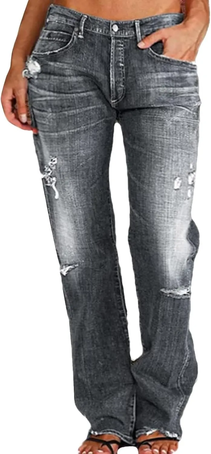 Akivide Loose Distressed Jean for Women Baggy Ripped Straight Leg Mid Waist Boyfriend Denim Pants