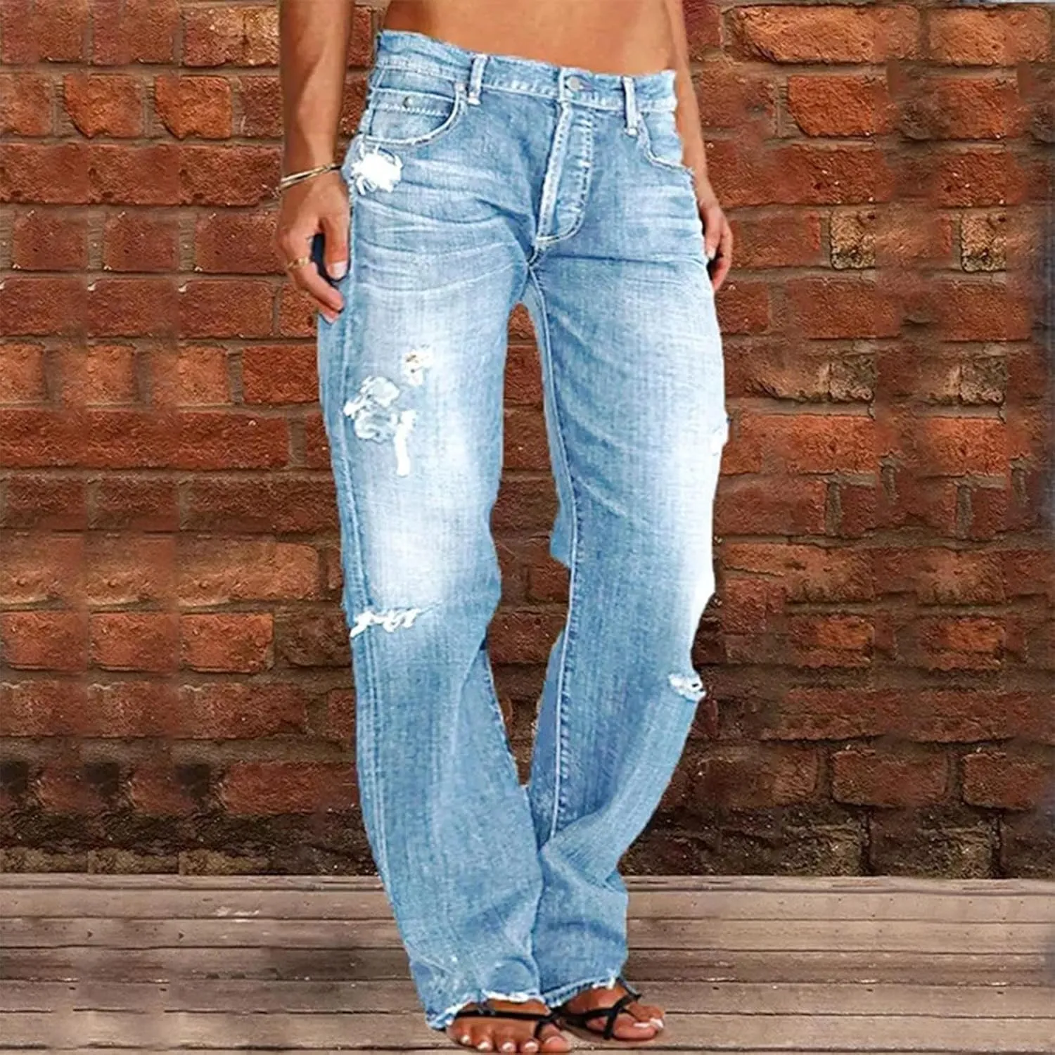 Akivide Loose Distressed Jean for Women Baggy Ripped Straight Leg Mid Waist Boyfriend Denim Pants