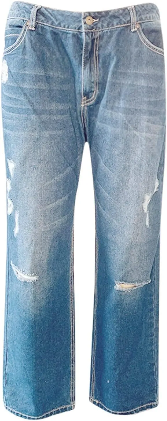 Akivide Loose Distressed Jean for Women Baggy Ripped Straight Leg Mid Waist Boyfriend Denim Pants