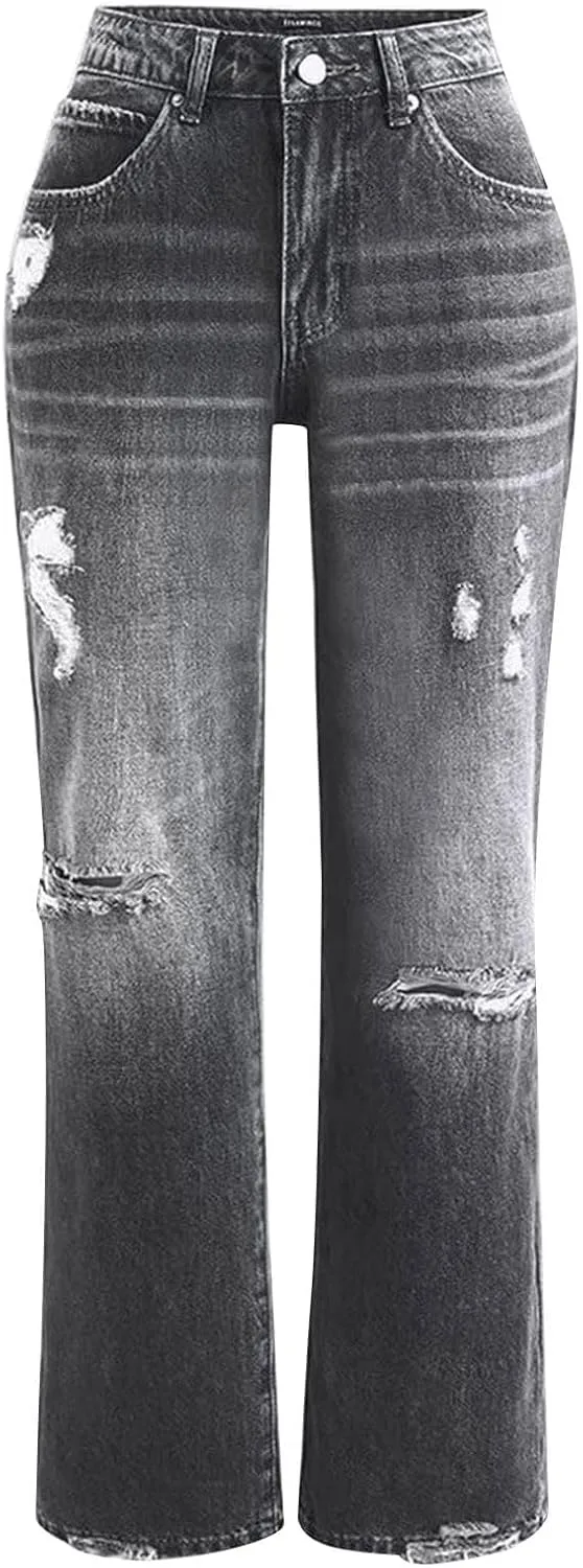 Akivide Loose Distressed Jean for Women Baggy Ripped Straight Leg Mid Waist Boyfriend Denim Pants