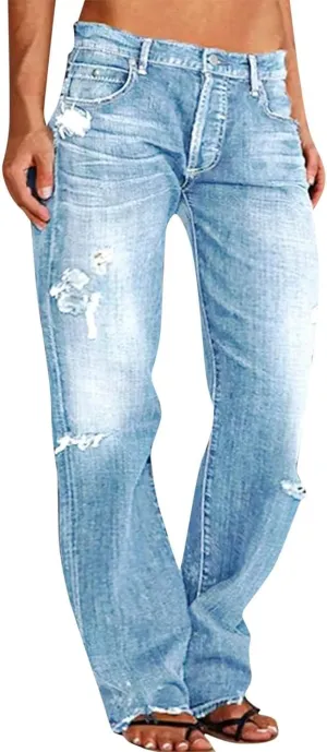 Akivide Loose Distressed Jean for Women Baggy Ripped Straight Leg Mid Waist Boyfriend Denim Pants