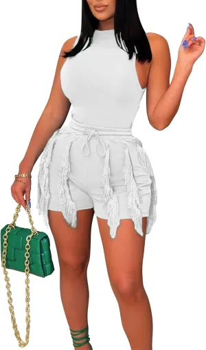 Aladeno Women 2 Piece Outfits Shorts Sets Sexy Solid Sleeveless Tops Fringe Tassel Shorts Jumpsuits Sweatsuit Clubwear