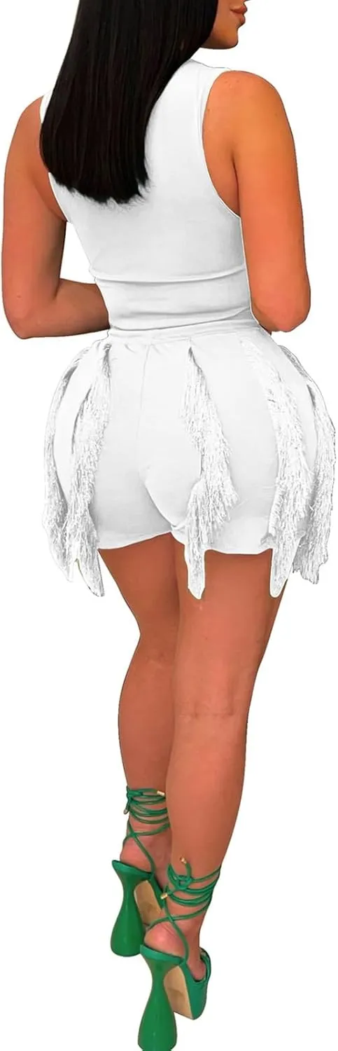 Aladeno Women 2 Piece Outfits Shorts Sets Sexy Solid Sleeveless Tops Fringe Tassel Shorts Jumpsuits Sweatsuit Clubwear