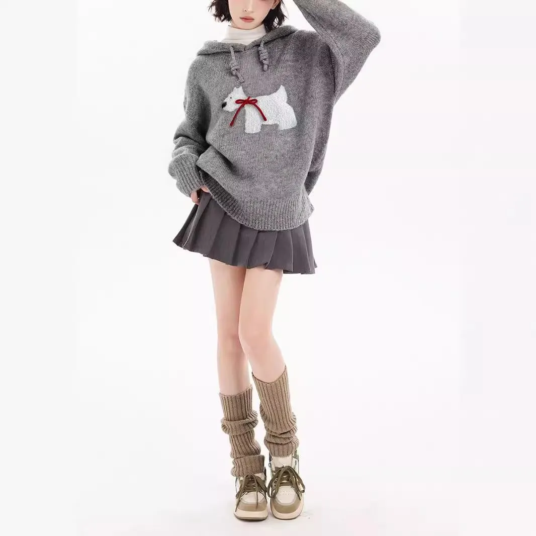 Alafime Women's Y2K Cutecore Oversized Sweater Preppy Harajuku Puppy Bow Drawstring Hoodie Aesthetics Long Sleeve Sweatshirt