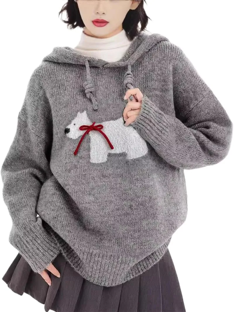 Alafime Women's Y2K Cutecore Oversized Sweater Preppy Harajuku Puppy Bow Drawstring Hoodie Aesthetics Long Sleeve Sweatshirt