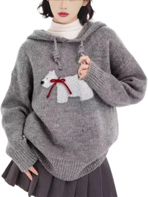 Alafime Women's Y2K Cutecore Oversized Sweater Preppy Harajuku Puppy Bow Drawstring Hoodie Aesthetics Long Sleeve Sweatshirt
