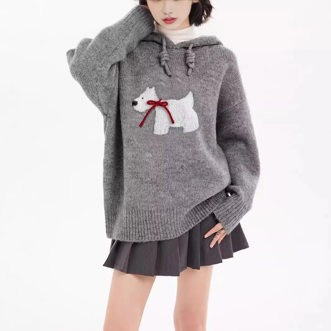 Alafime Women's Y2K Cutecore Oversized Sweater Preppy Harajuku Puppy Bow Drawstring Hoodie Aesthetics Long Sleeve Sweatshirt