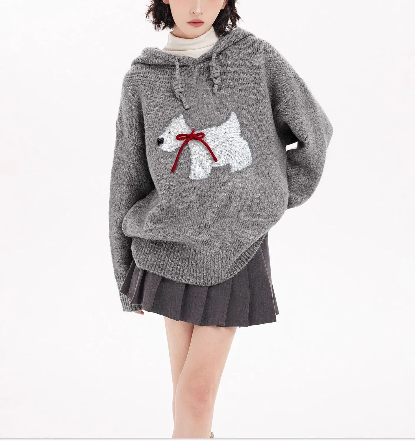 Alafime Women's Y2K Cutecore Oversized Sweater Preppy Harajuku Puppy Bow Drawstring Hoodie Aesthetics Long Sleeve Sweatshirt