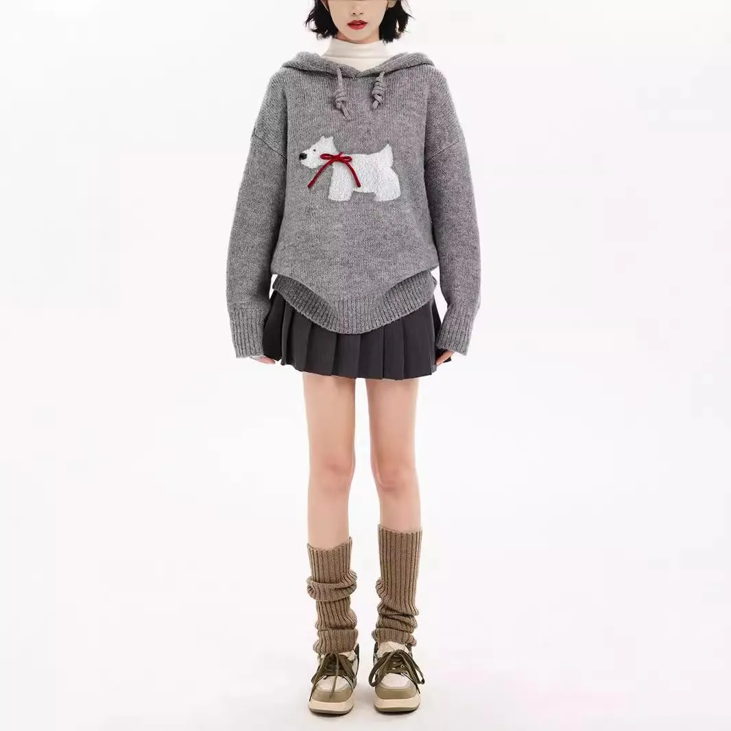 Alafime Women's Y2K Cutecore Oversized Sweater Preppy Harajuku Puppy Bow Drawstring Hoodie Aesthetics Long Sleeve Sweatshirt