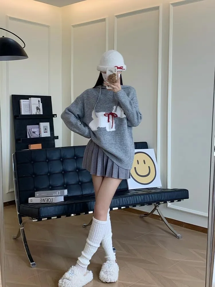 Alafime Women's Y2K Cutecore Oversized Sweater Preppy Harajuku Puppy Bow Drawstring Hoodie Aesthetics Long Sleeve Sweatshirt