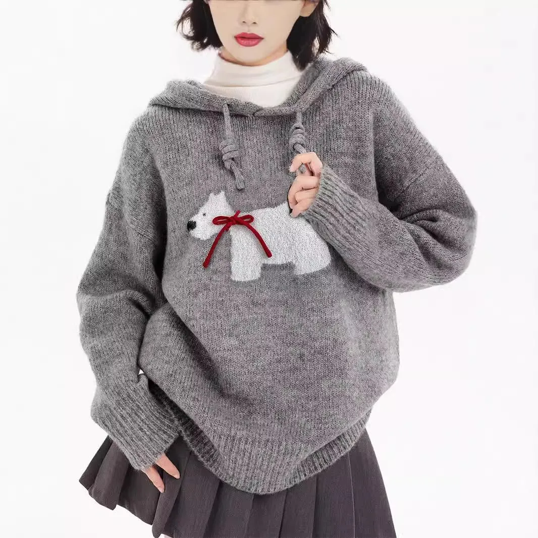 Alafime Women's Y2K Cutecore Oversized Sweater Preppy Harajuku Puppy Bow Drawstring Hoodie Aesthetics Long Sleeve Sweatshirt