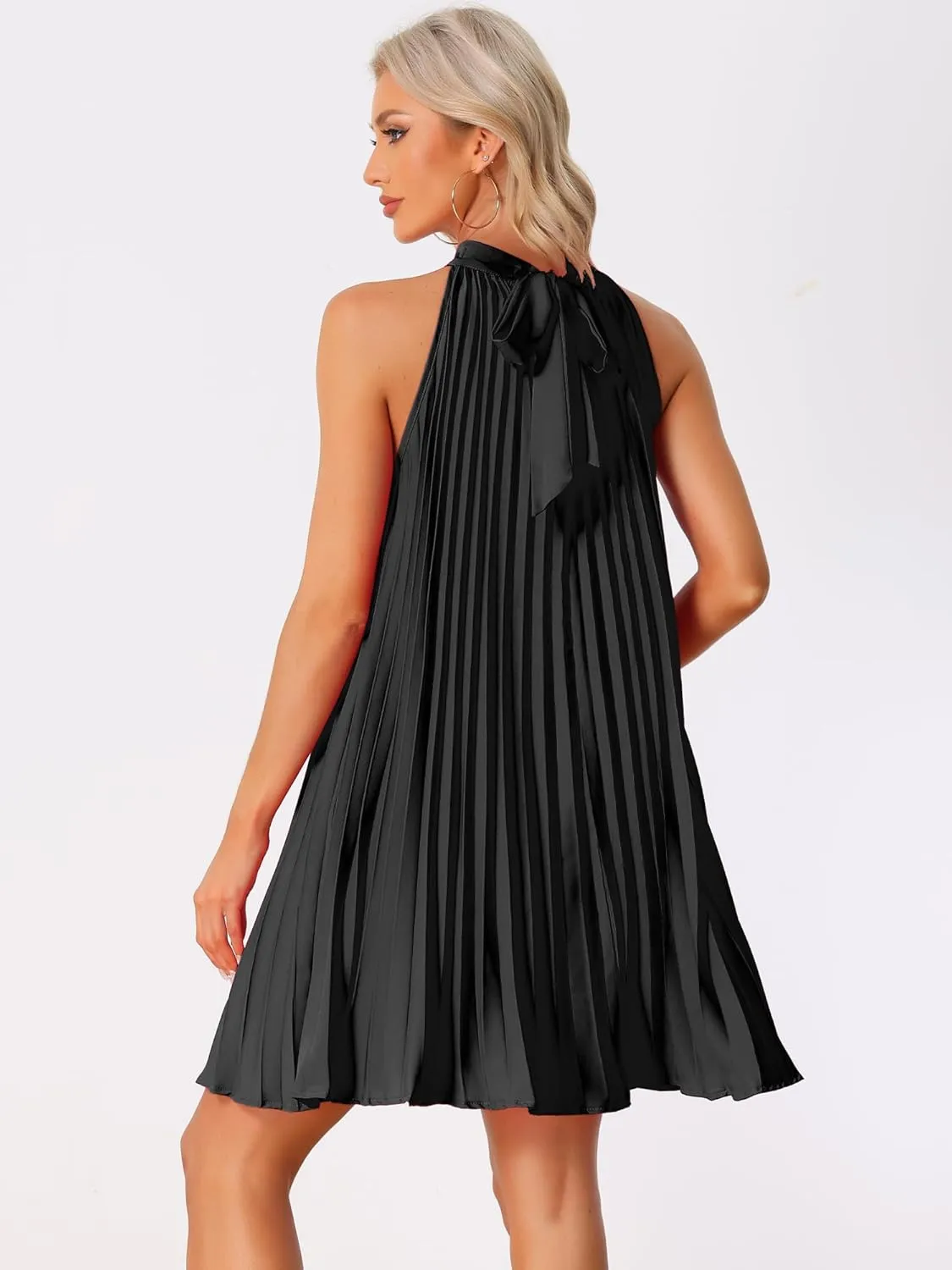 Allegra K Women's Tie Halter Neck Dress Sleeveless Summer Solid Color Flowy Pleated Beach Dress Sundress