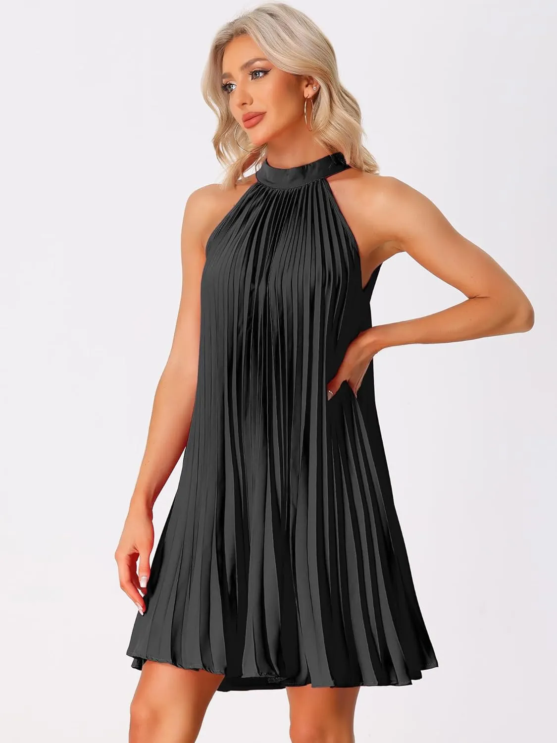 Allegra K Women's Tie Halter Neck Dress Sleeveless Summer Solid Color Flowy Pleated Beach Dress Sundress
