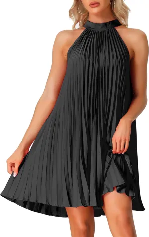 Allegra K Women's Tie Halter Neck Dress Sleeveless Summer Solid Color Flowy Pleated Beach Dress Sundress