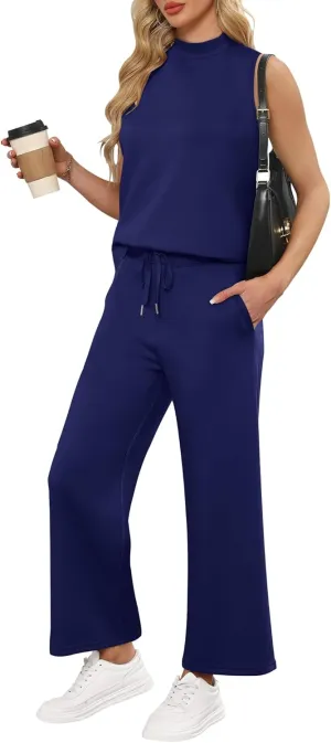 ANRABESS Women 2 Piece Outfits Summer Lounge Sets Mock Neck Top Wide Leg Pants Casual Fashion Tracksuit 2025 Travel Clothes