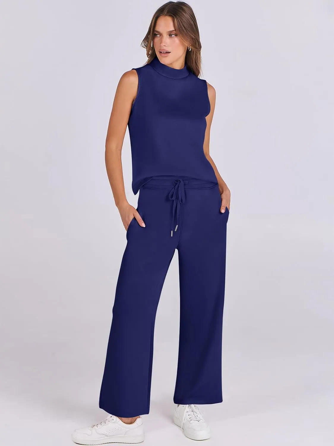 ANRABESS Women 2 Piece Outfits Summer Lounge Sets Mock Neck Top Wide Leg Pants Casual Fashion Tracksuit 2025 Travel Clothes