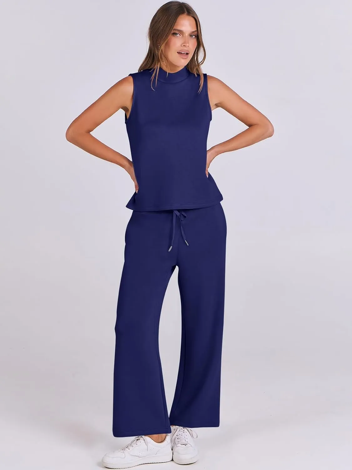 ANRABESS Women 2 Piece Outfits Summer Lounge Sets Mock Neck Top Wide Leg Pants Casual Fashion Tracksuit 2025 Travel Clothes