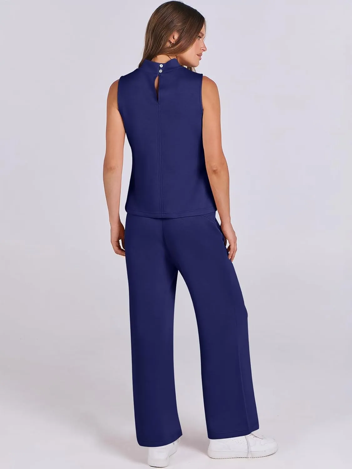 ANRABESS Women 2 Piece Outfits Summer Lounge Sets Mock Neck Top Wide Leg Pants Casual Fashion Tracksuit 2025 Travel Clothes