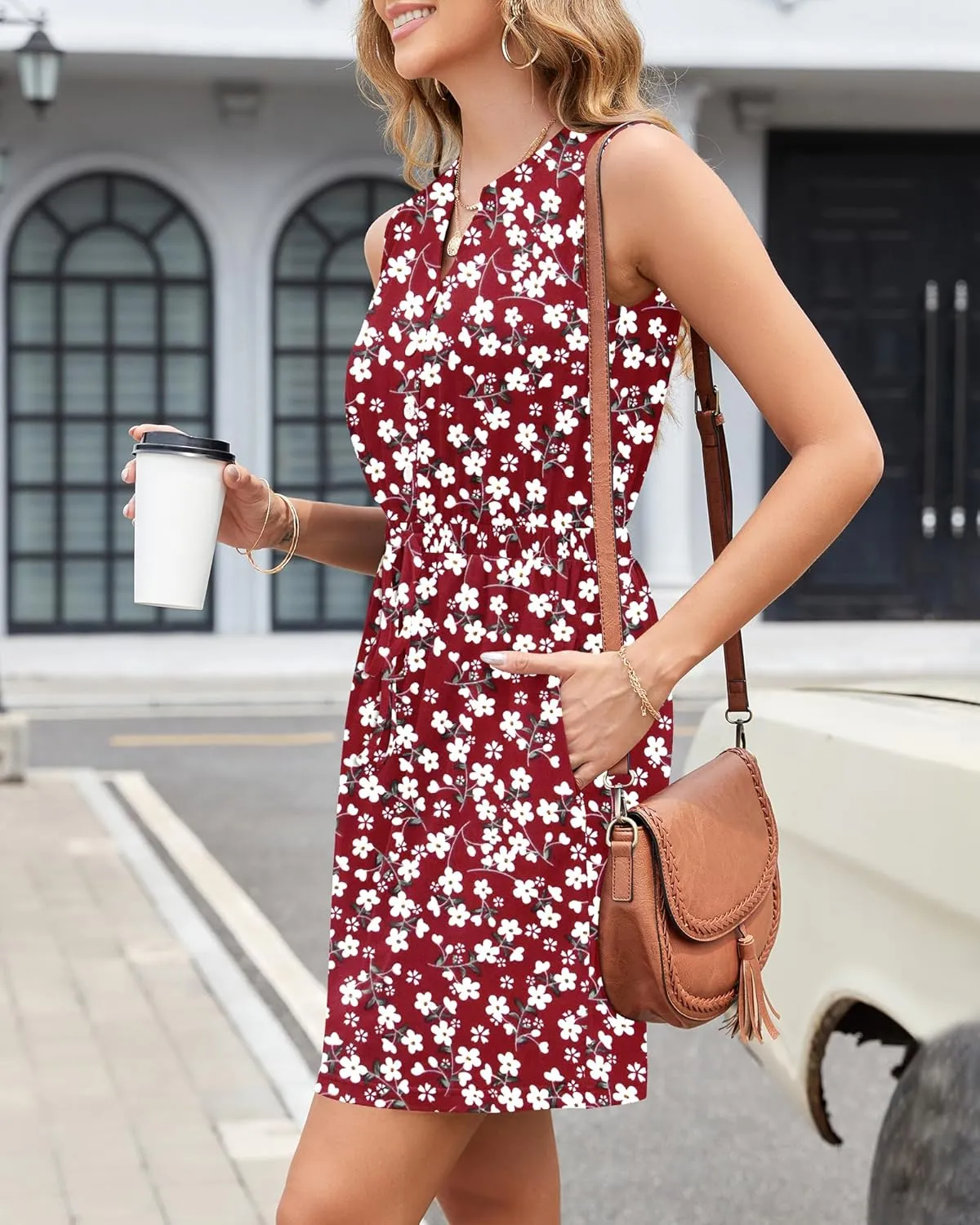 AUSELILY Womens Summer Dresses 2025 Casual V Neck Sleeveless Drawstring Button Mini Dress with Pockets