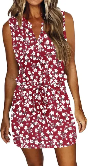 AUSELILY Womens Summer Dresses 2025 Casual V Neck Sleeveless Drawstring Button Mini Dress with Pockets
